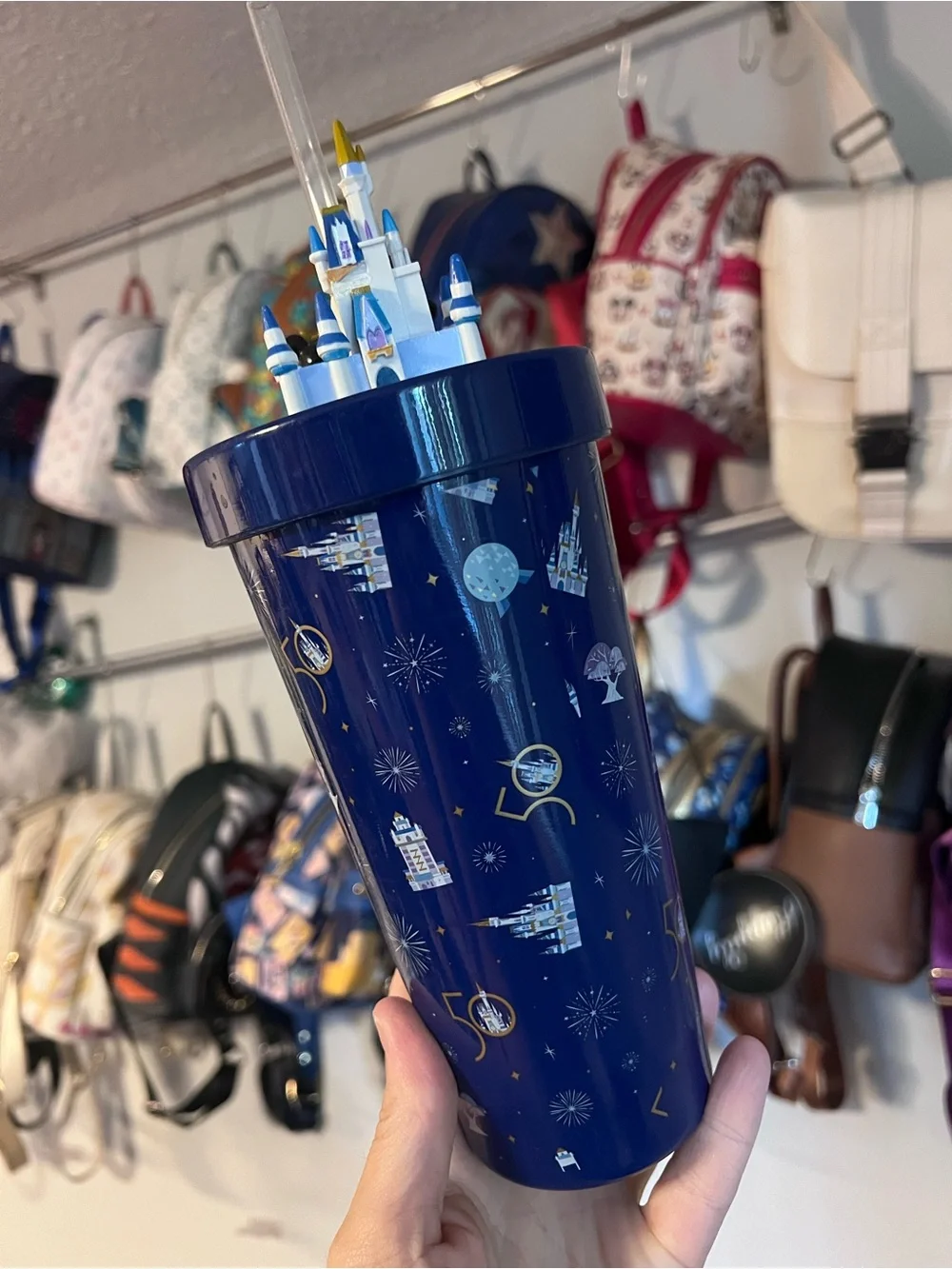 Disney Navy Blue 50th Anniversary Tumbler with Mickey Straw Topper